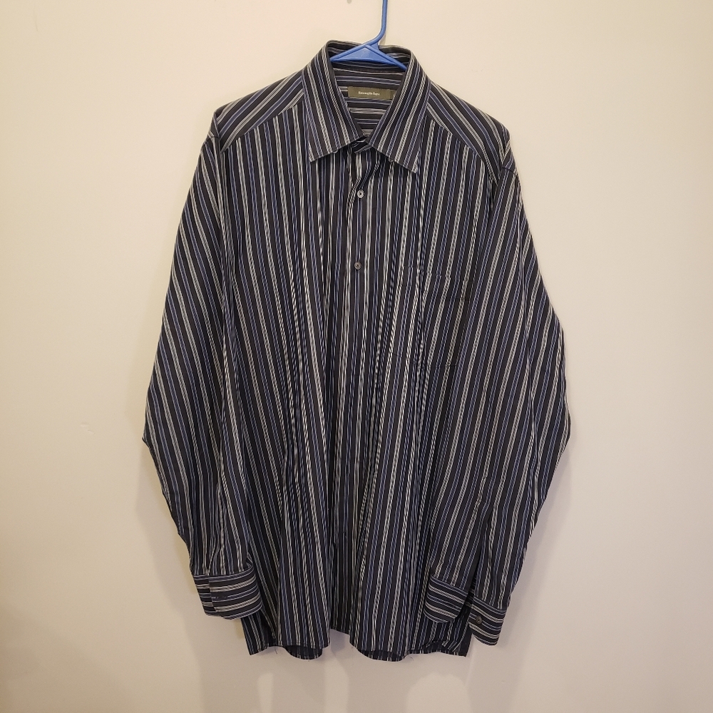 Ermenegildo Zegna Dress Shirt Mens Large Navy Striped Made In Italy $880 MSRP